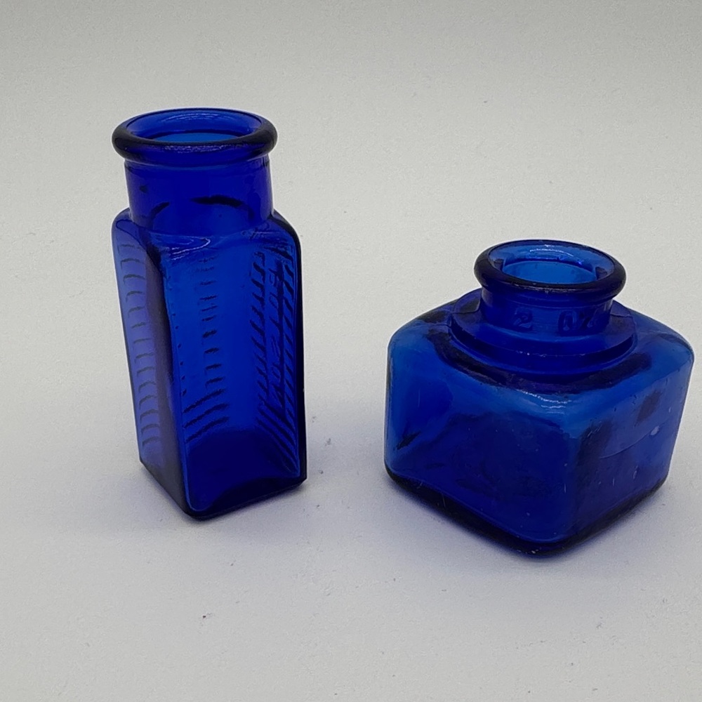 Vintage Cobalt Blue Glass Bottles Poison & Ink Well Pair - Picture 5 of 7